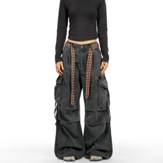 Verborgen American Retro Multi-Pocket Pleated Cargo Pants Unisex Plaid Belt Loose Straight Wide-Leg Pants