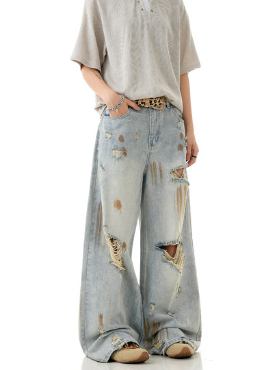 Verborgen American Retro Blue Ripped Distressed Jeans for Men, High Street Trendy Brand, Niche Design Long Pants