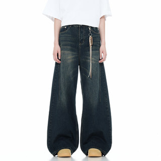 Verborgen Distressed Blue Jeans for Women, American High Street Fashion Brand, Loose Straight Wide-Leg Washed Vintage Pants