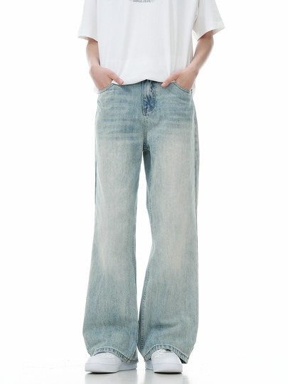 Verborgen Light-Colored Jeans for Men, American High Street Style, Distressed Vintage Washed Straight-Leg Slimming Loose Wide-Leg Pants