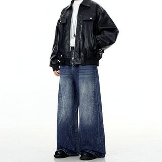 Verborgen American Retro Water Ripple Dark Blue Jeans Cleanfit Washed Straight Loose Wide-Leg