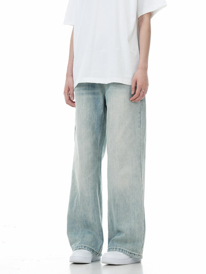 Verborgen Light-Colored Jeans for Men, American High Street Style, Distressed Vintage Washed Straight-Leg Slimming Loose Wide-Leg Pants