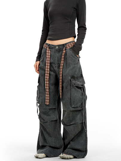 Verborgen American Retro Multi-Pocket Pleated Cargo Pants for Men and Women with Plaid Belt, Loose Straight Wide-Leg Pants