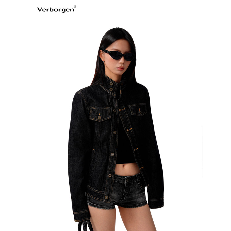 Verborgen American Retro Black Stand-Up Collar Denim Jacket with Visible Stitching and Brass Buttons, Loose-Fitting Denim Jacket Top, Trendy Verborgen American Retro Black Stand-Up Collar Denim Jacket with Visible Stitching and Brass Buttons, Loose-Fitting Denim Jacket Top, Trendy