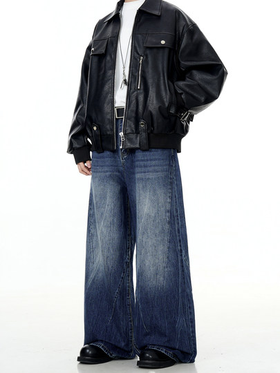 Verborgen American Retro Water Ripple Dark Blue Jeans Cleanfit Washed Straight Loose Wide-Leg