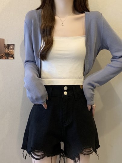 冰丝黑色防晒开衫女薄款外搭针织披肩夏季配裙子短款外套大码胖mm