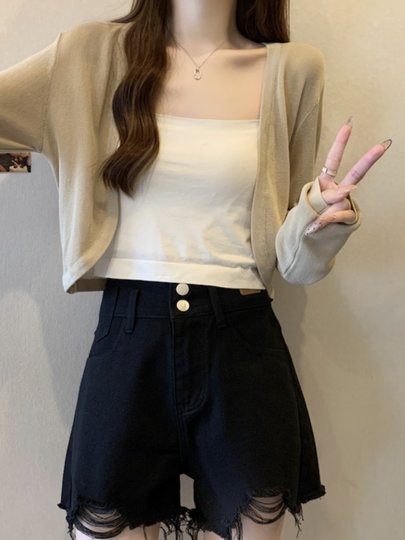 冰丝黑色防晒开衫女薄款外搭针织披肩夏季配裙子短款外套大码胖mm