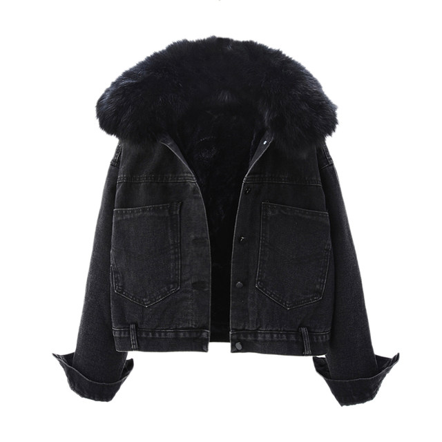 ເສື້ອຢືດຜ້າຝ້າຍ Denim ສັ້ນຂອງແມ່ຍິງ 2023 ລະດູຫນາວໃຫມ່ແບບເກົາຫຼີຄໍ fur ທີ່ແທ້ຈິງບວກກັບ velvet thickened ເສື້ອ jacket ຝ້າຍວ່າງສີດໍາ