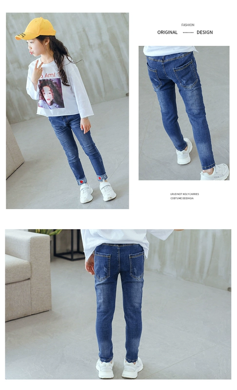 Quần áo trẻ em quần jean nữ cộng với quần denim dày cotton trong quần trẻ em chân trẻ em Quần dài thon dài