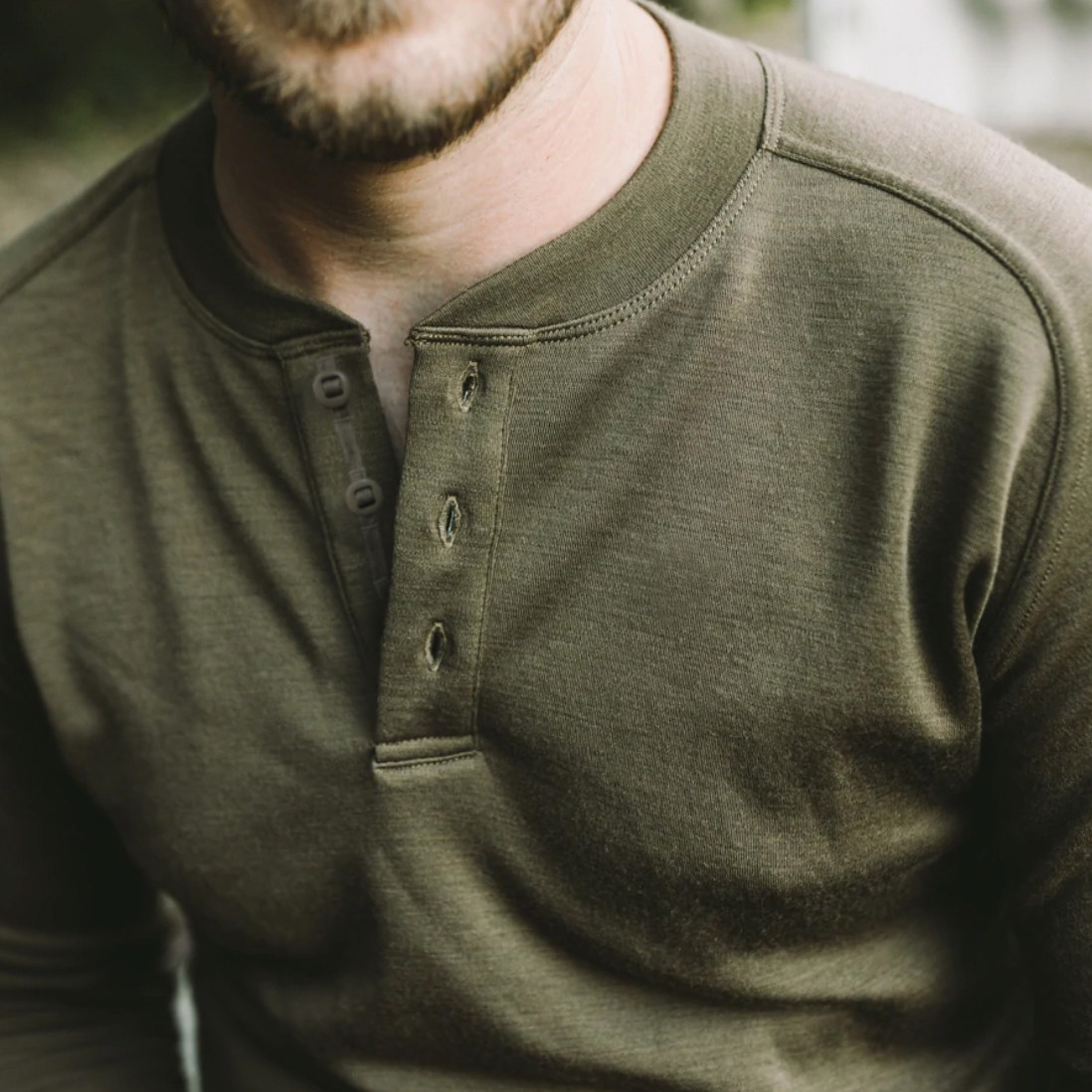 Shoulder width free retro autumn and winter men's Merino wool Henry shirt raglan version 240gsm medium thickness close-fitting warmth