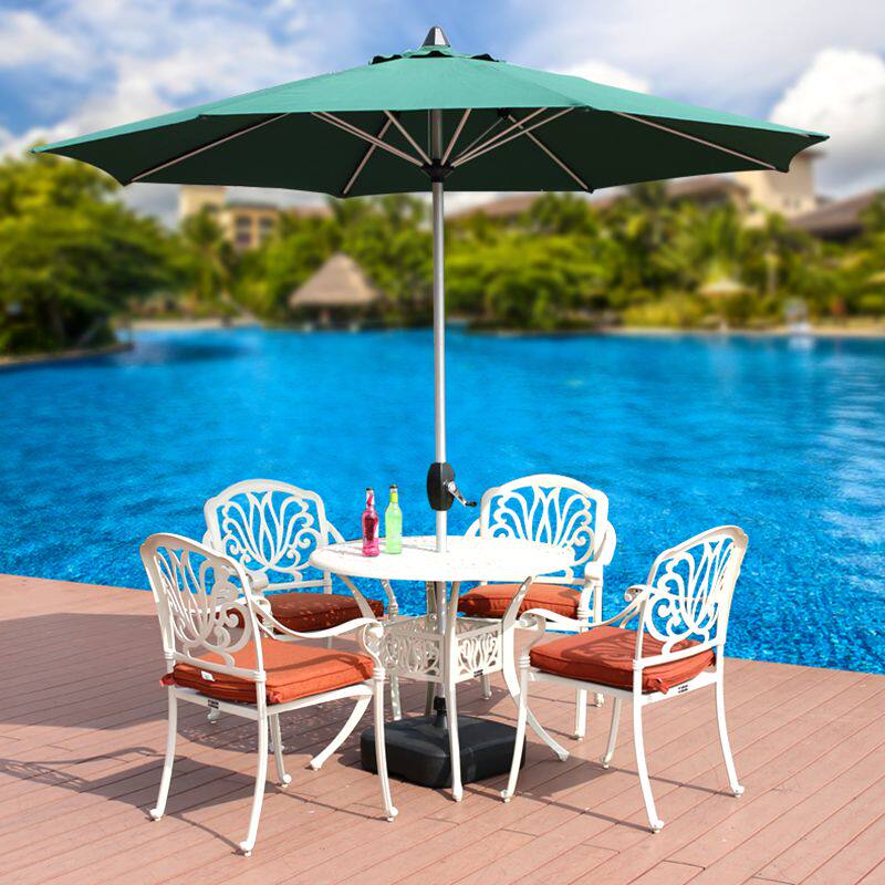 Outdoor leisure cast aluminum tables and chairs wrought iron balcony parasol kit five-piece European furniture combination waterproof and sunscreen