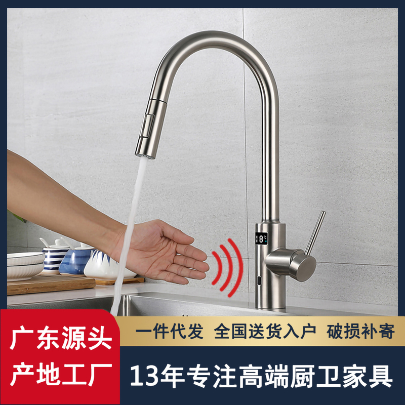 Stainless Steel Intelligent Voice-Controlled Temperature Digital Display Infrared Sensor Kitchen Sink Hot and Cold Vegetable Washing Basin Pull-Out Faucet