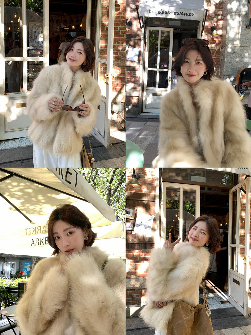 Collage of women modeling a fluffy cream-colored fur coat outdoors.