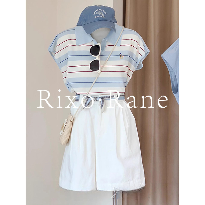 France Rixo Rane ⭐ Color-Block Striped Polo Collar Short-Sleeve T-Shirt with Flutter Sleeves for Women, Stylish Summer Top France Rixo Rane ⭐ Color-Block Striped Polo Collar Short-Sleeve T-Shirt with Flutter Sleeves for Women, Stylish Summer Top