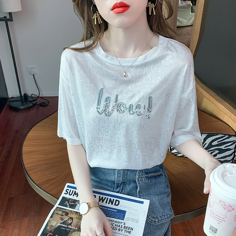 Korean version trend all-match English embroidery round neck top 2022 summer new sequin pattern short-sleeved T-shirt women's clothing