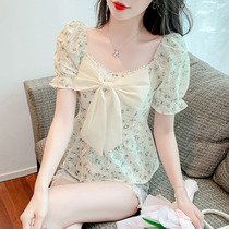 Han edition sweet butterfly bow decoration waist slim tops summer new temperament elegant crushed flower short sleeve shirt
