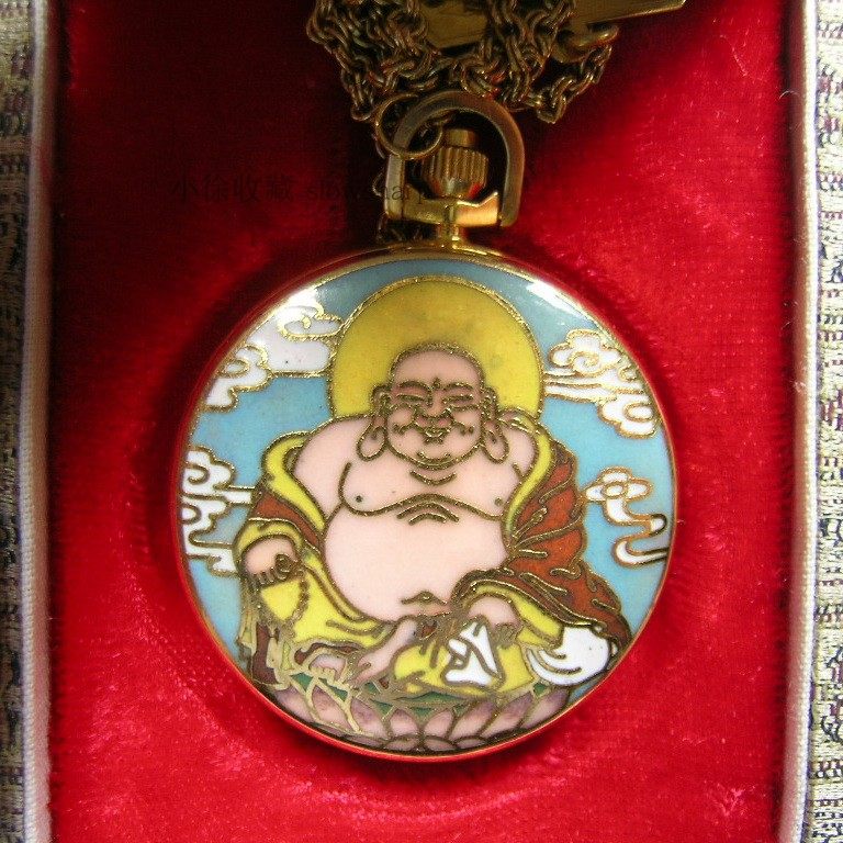 90s out of print inventory new Shanghai stopwatch factory money brand mechanical pocket watch cloisonne Maitreya Buddha Qing