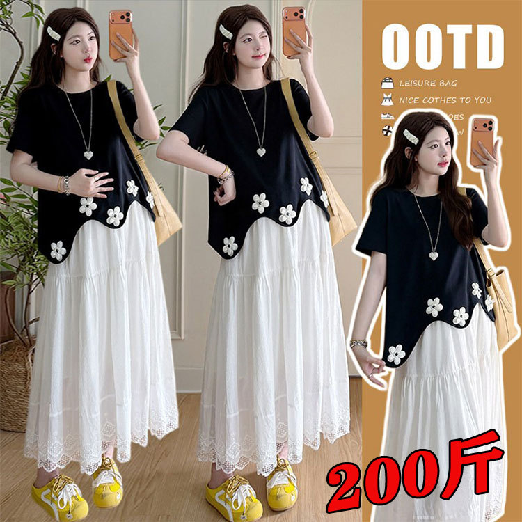 2026 Summer New Plus Size Maternity Wear Versatile Irregular Floral T-Shirt + Skirt Set Loose Fit 100kg Trend