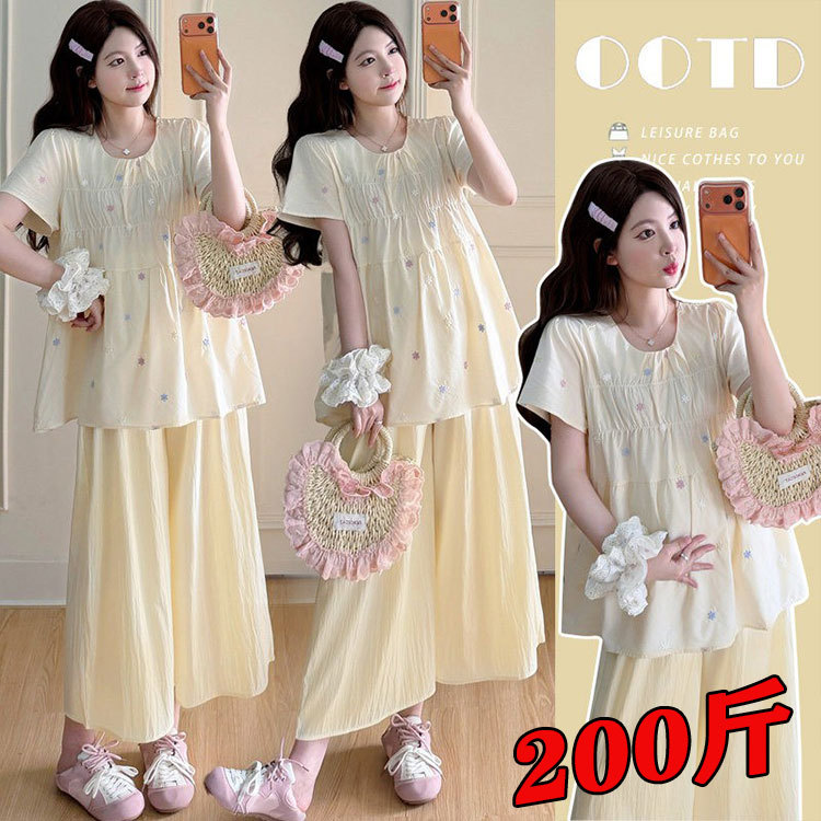 Plus-Size Maternity Wear for Summer, Belly-Covering, Small Floral Embroidery, Flutter-Sleeve Babydoll Top + Cropped Wide-Leg Skirt Pants 100kg Trendy Plus-Size Maternity Wear for Summer, Belly-Covering, Small Floral Embroidery, Flutter-Sleeve Babydoll Top + Cropped Wide-Leg Skirt Pants 100kg Trendy