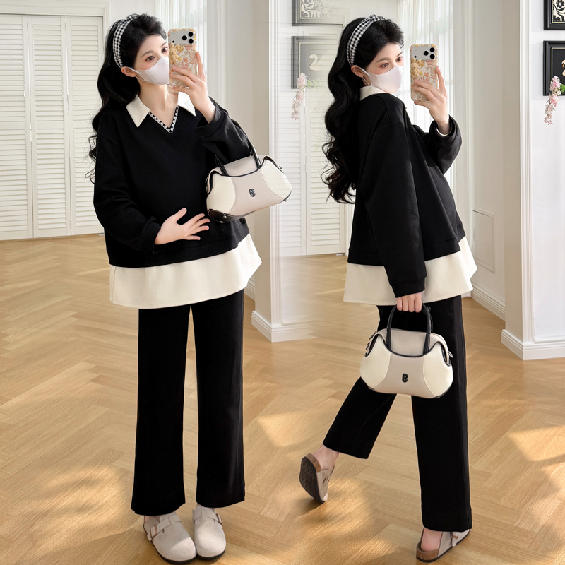 2026 Spring New Style High-End Versatile Fake Two-Piece Loose Sweatshirt Women's Patchwork Shirt Maternity Top 100kg 2026 Spring New Style High-End Versatile Fake Two-Piece Loose Sweatshirt Women's Patchwork Shirt Maternity Top 100kg