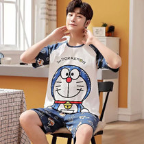 Big child pajamas mens short sleeves summer cotton teenagers 12-15 years old Doraemon robot cat Blue fat man