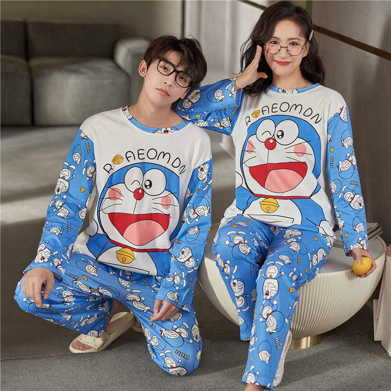 Spring and autumn couple pajamas long-sleeved cotton Doraemon girl cartoon jingle cat man blue fat cotton autumn and winter A