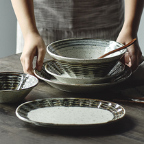 Dining plate creative Japanese snow melting ceramic tableware household rice bowl large noodle bowl plate large flat plate steak plate