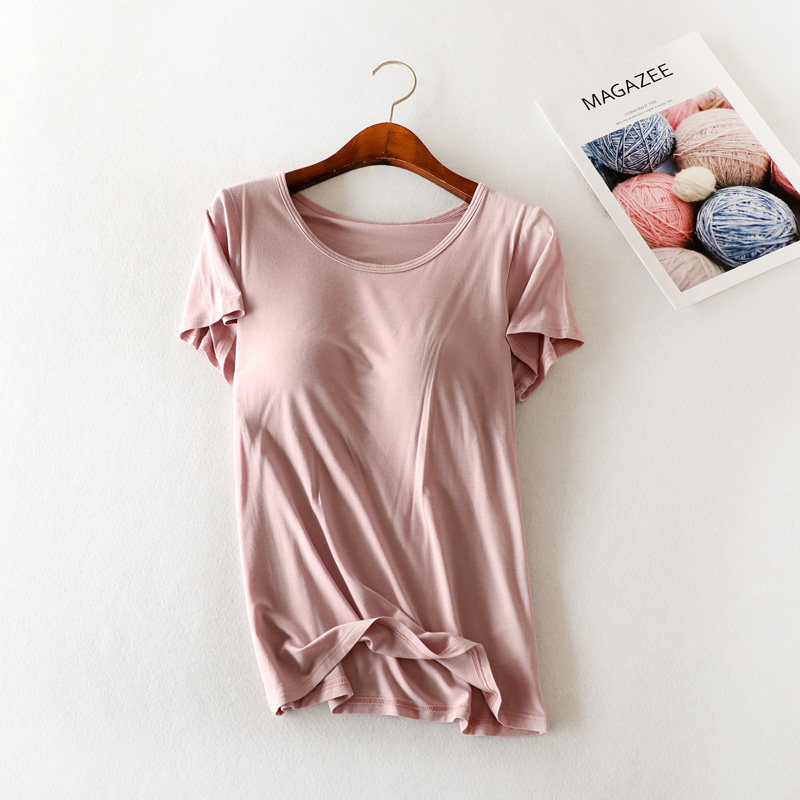 Modal short-sleeved T-shirt with chest pad Women's summer rimless bra cup one-piece outer wear half-sleeve large size pajamas