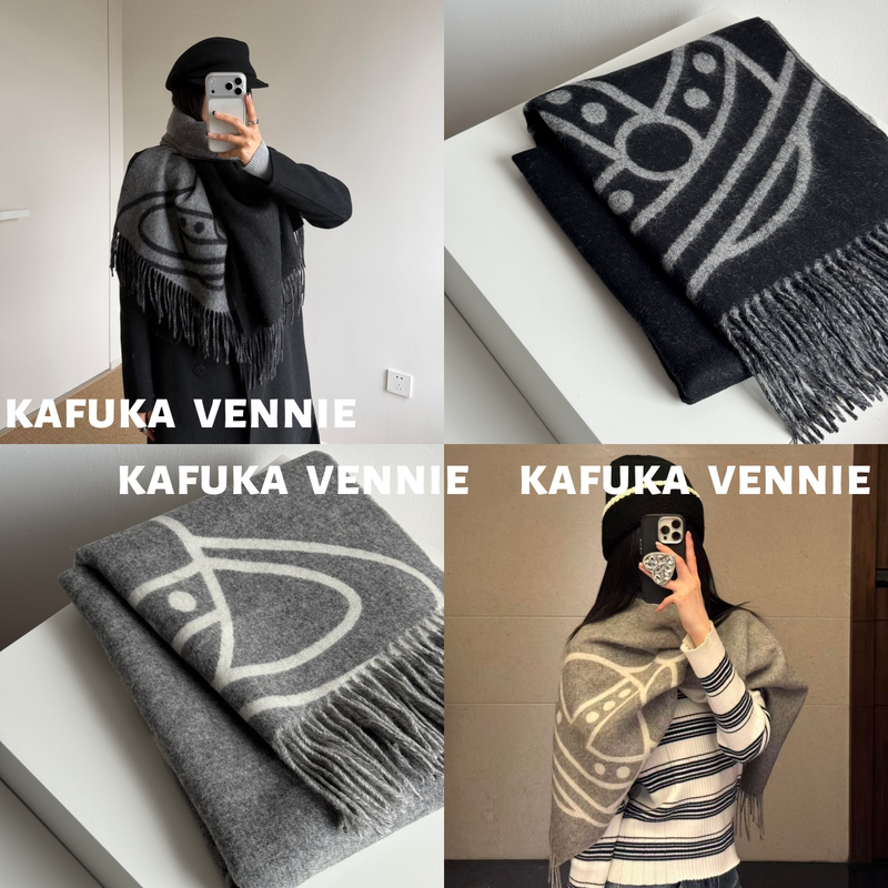 Vennie 9/4-1 Wool Scarf for Women, Tassel Shawl, Dual-Use Large Saturn Print Neck Warmer, Versatile and Warm