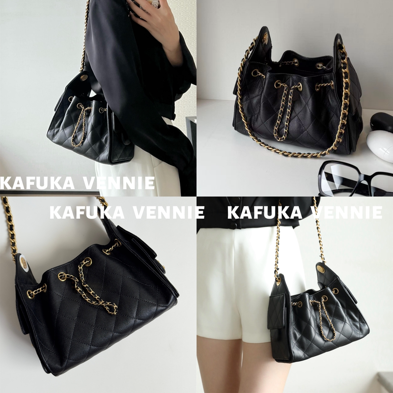 Vennie 7/10-25B Single Shoulder Underarm Drawstring Chain Bag Black Caviar Hobo Bag for Women Vennie 7/10-25B Single Shoulder Underarm Drawstring Chain Bag Black Caviar Hobo Bag for Women