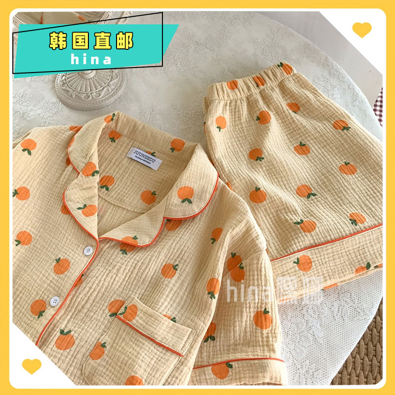 Korea direct mail pajamas orange summer short sleeve set planD same pleated cotton juuneedu cute