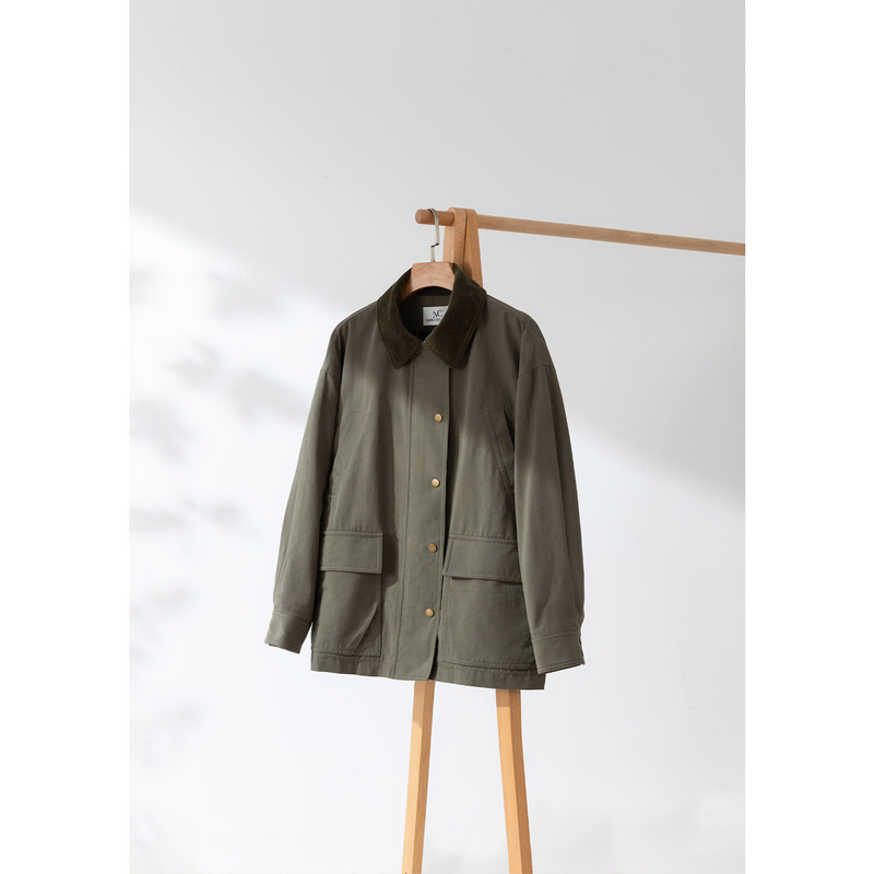 Miss Couleur Natural Sand-Washed Cotton Color-Blocked Corduroy Lapel Work Jacket [Waiting for Order]