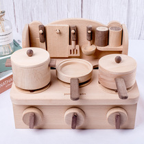 Solid wood mini small kitchen set simulation kitchenware cooking rice stir-fry gas stove over childrens home chechele toys