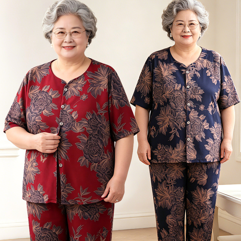 Elderly Summer Outfit Plus Size Women's Clothing 120kg Plus Size Mom Short-Sleeved Cardigan Two-Piece Set Grandma Clothes
