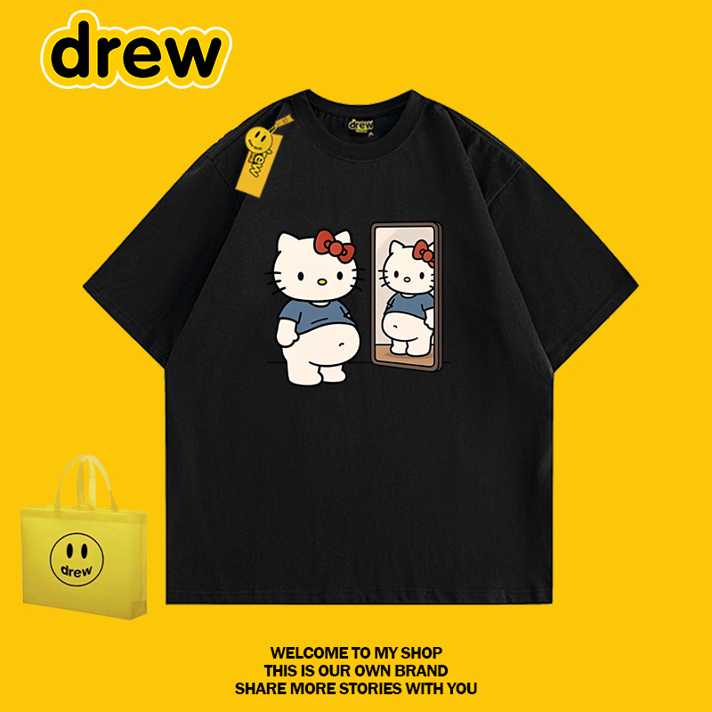 Drew American-Style Trendy Brand Cartoon-Style Hello Kitty Printed Short-Sleeved T-Shirt for Men and Women, Loose-Fitting Couple Wear