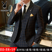 Playboy mens three-piece suit Plaid small suit suit male groom wedding dress business formal fashion trend