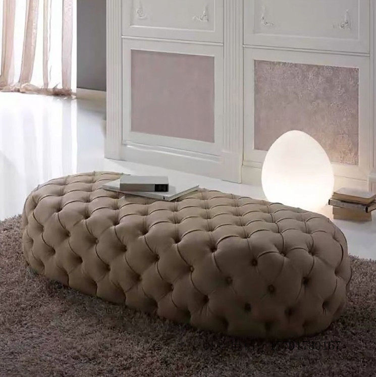 Willy-style Light Lavish Hotel Genuine Leather Footstool Retro Cloister solid wood bed tail stool oval grey swapped stool