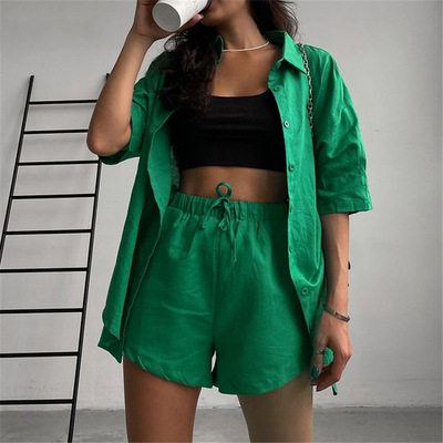 European and American new 2021 women's solid color single-breasted short-sleeved shirts shorts loose fashion casual two-piece summer suit