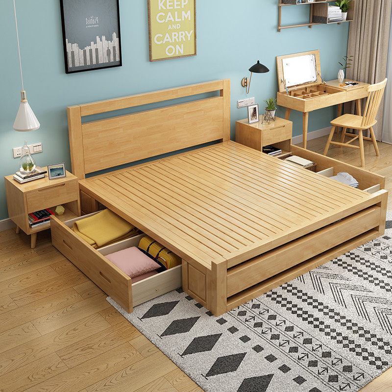 Nordic Solid Wood Bed 1 2 m 1 35 Small family Type modern minimalist 1 5 * 1 9m Home High Box storage Single beds
