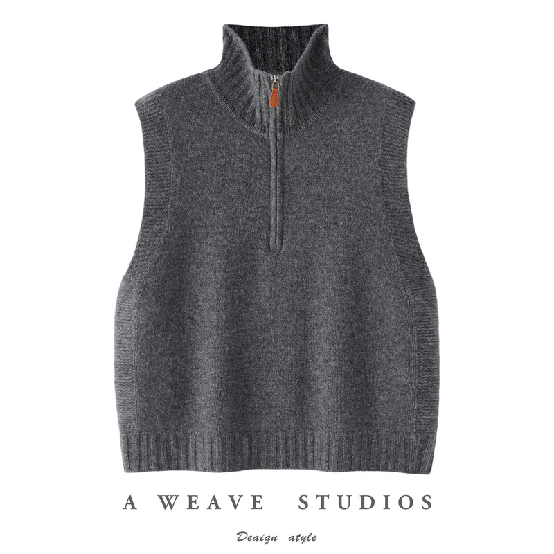 Autumn and Winter Women's Stand-Up Collar Half-Zip Wool Knit Vest, Loose Fit, Slimming High-Neck Fashion Sleeveless Sweater Vest