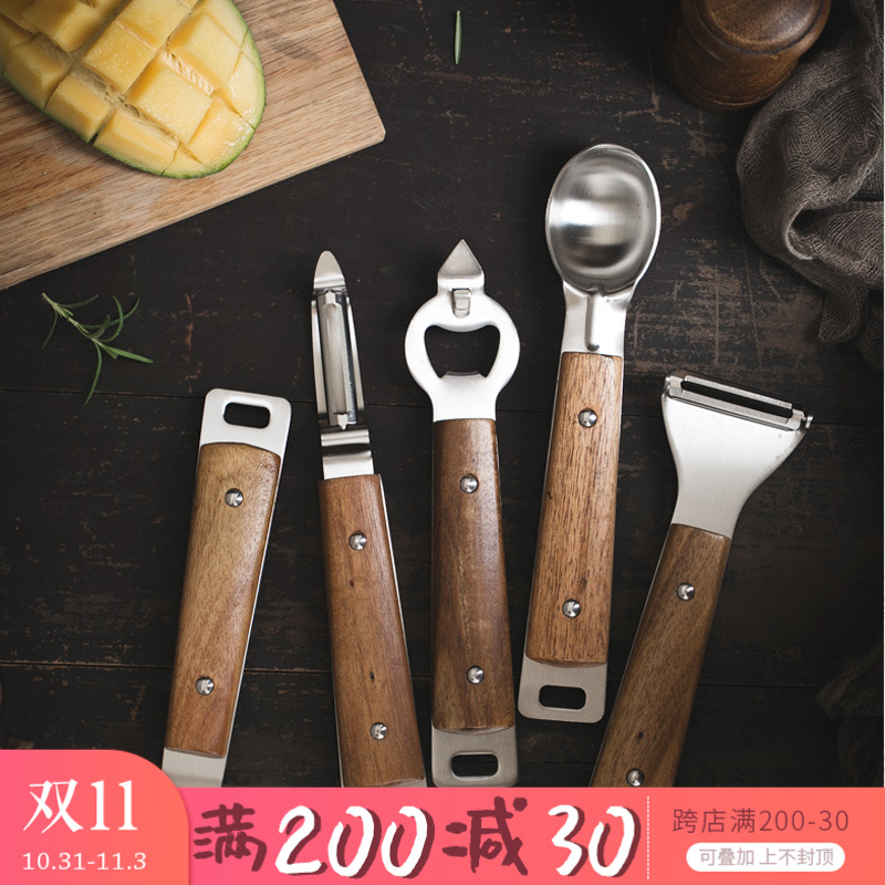 Middle-aged kitchen gadgets wooden handle stainless steel bottle opener paring knife retro ins mud press melon planer