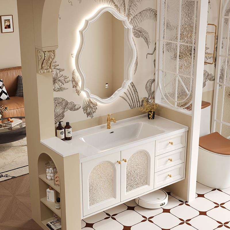 French-Style Cream Oak Bathroom Cabinet with Integrated Ceramic Basin, Bathroom Sink, Washbasin Cabinet Set