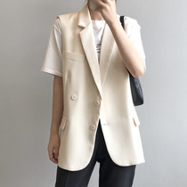 Small suit vest vest jacket womens British style spring and autumn medium-long outer wear sleeveless casual loose suit waistcoat