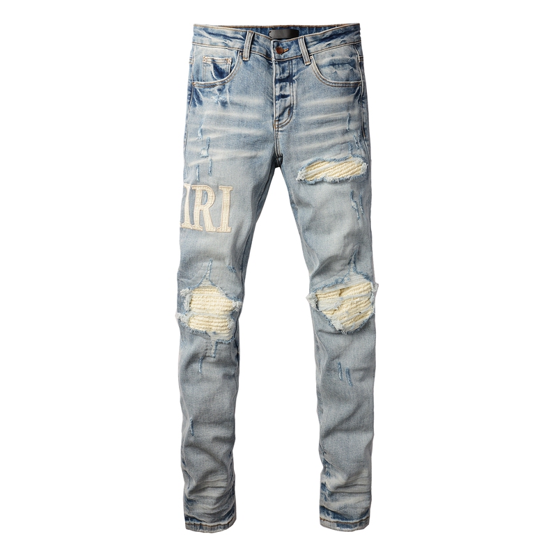 New American High Street Fashion Brand Light-Colored Distressed Logo Patch Ripped Patchwork Jeans for Men