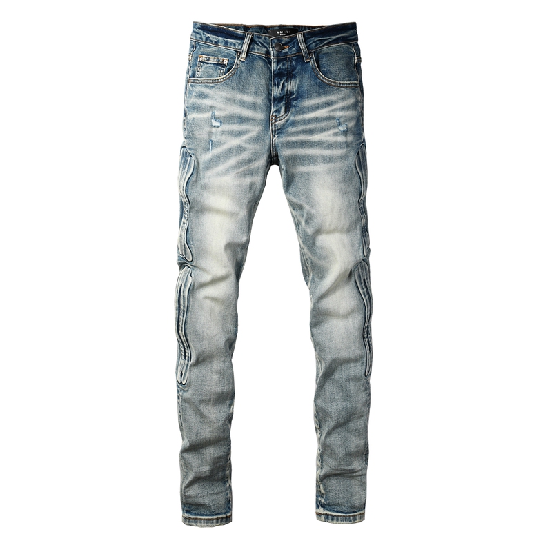 American High Street Fashion Brand New Light Color Distressed Washed Creative Bone Patch Jeans for Men American High Street Fashion Brand New Light Color Distressed Washed Creative Bone Patch Jeans for Men
