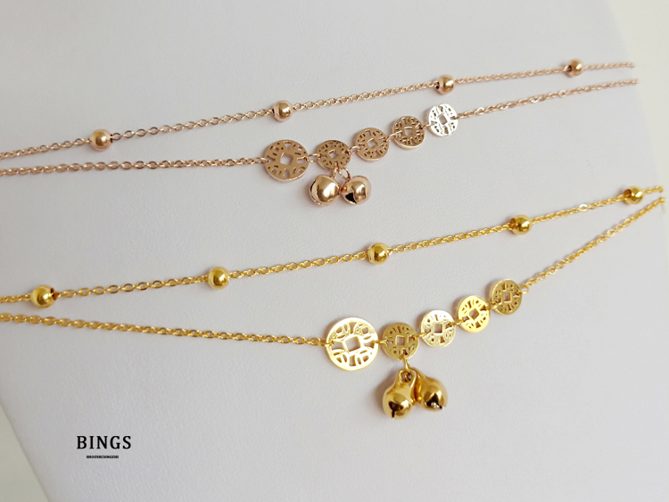 Vòng cổ Lucky Fortune Vòng chân vàng 18K Vàng nhỏ Tiền vàng Chuông đôi Lớp Gửi mẹ Quà tặng Vàng hồng Hàn Quốc lắc chân nữ phong thủy