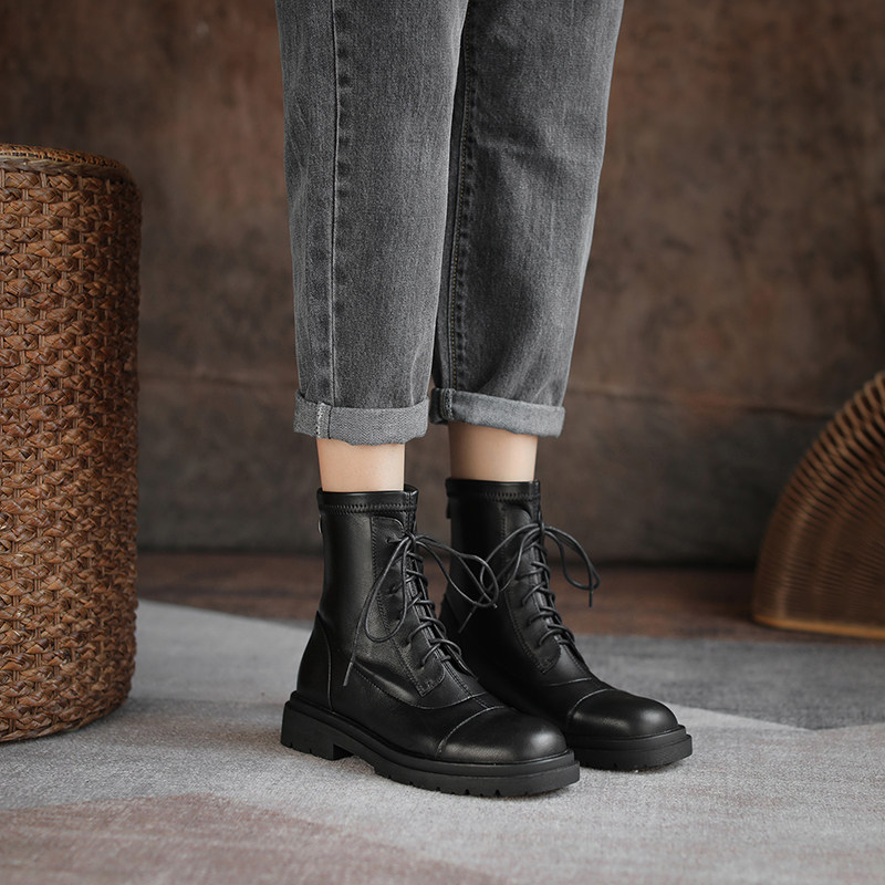 Deer and Nara Ins conspicuose lace elastic slim and thin short boots female Martin boots autumn winter single boots flat bottom Inn