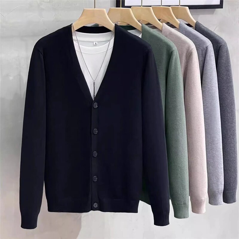 2025 Autumn/Winter New Cardigan Sweater American Retro Casual Lazy Style V-Neck Knitwear Men's Solid Color Jacket