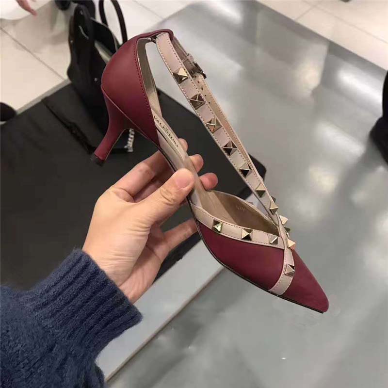 White rivet pointed high heels 5cm European soft leather women's shoes sexy shallow mouth single shoes Baotou stiletto sandals