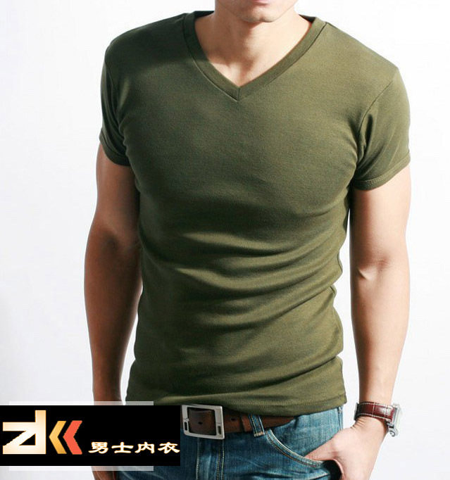 Summer new men short sleeve elastic tight fit small V collar short sleeve undershirt T-shirt black set